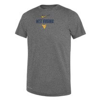 Dark grey heather WVU Nike preschool tee with West Virginia over the Flying WV Logo full front screen print